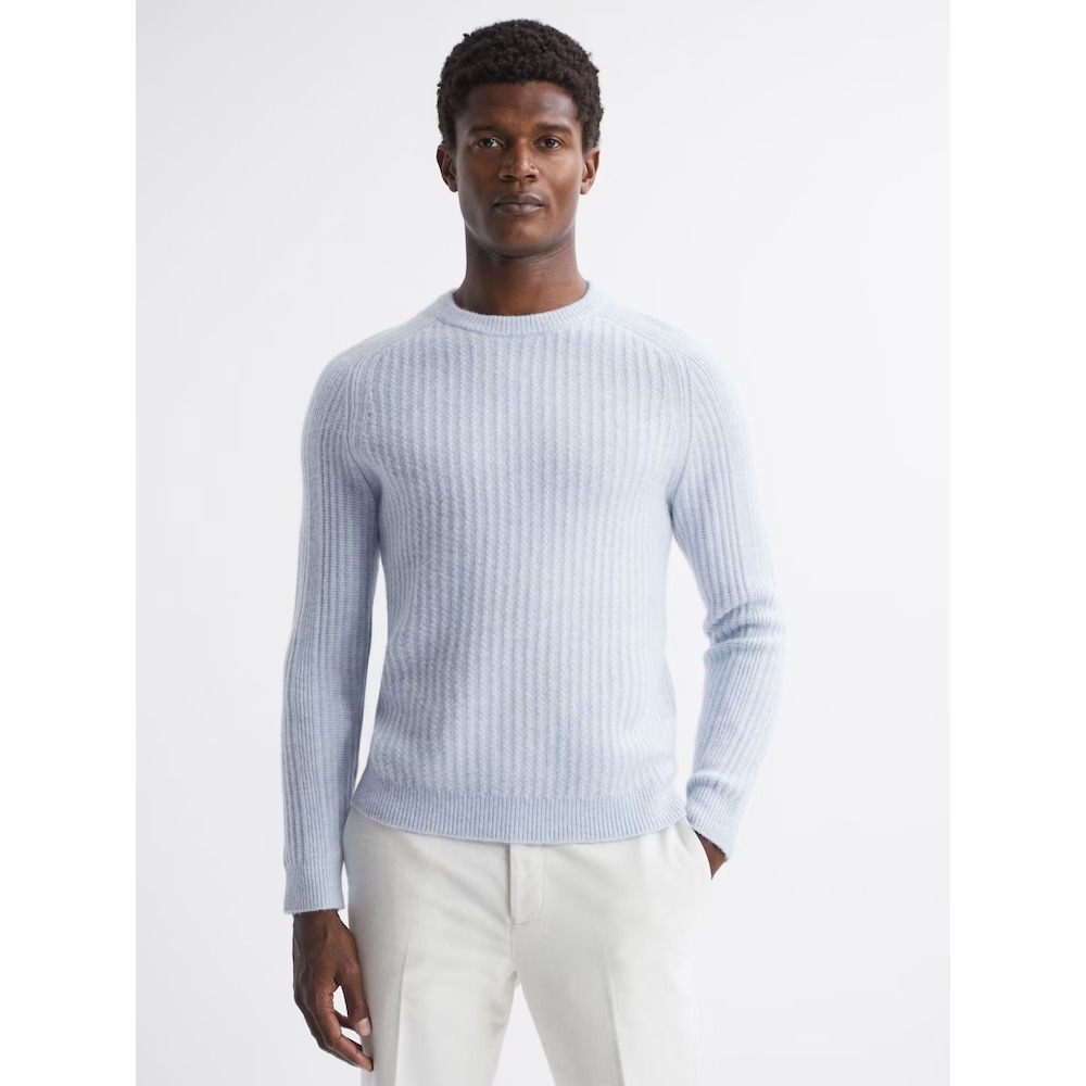 Reiss Millerson Light Blue Wool Blend Textured Crew Neck Jumper Mens Large